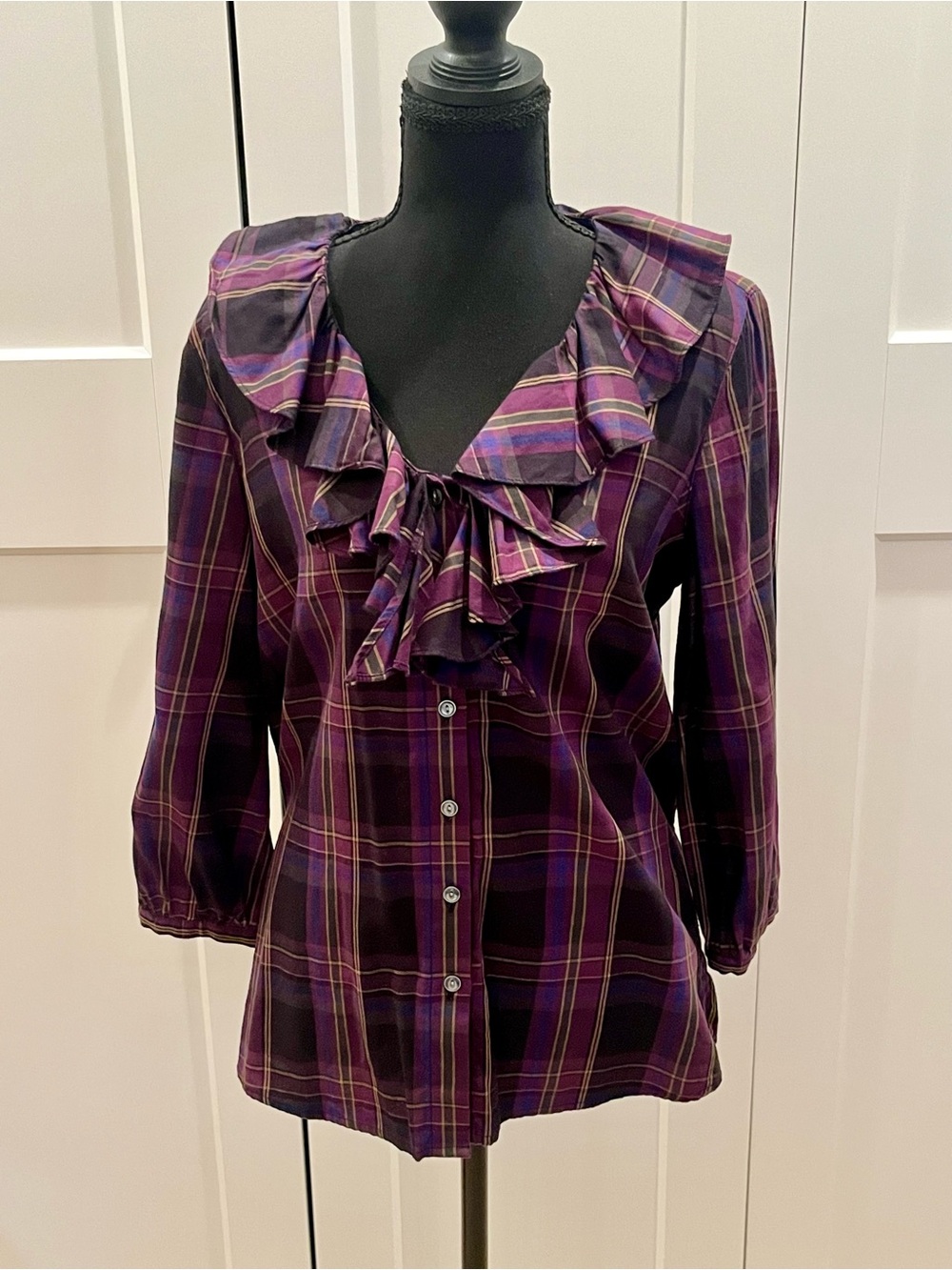 Ralph Lauren Plum/Taupe/Navy Plaid Ruffle Neckline ButtonDown Shirt 100% Cotton